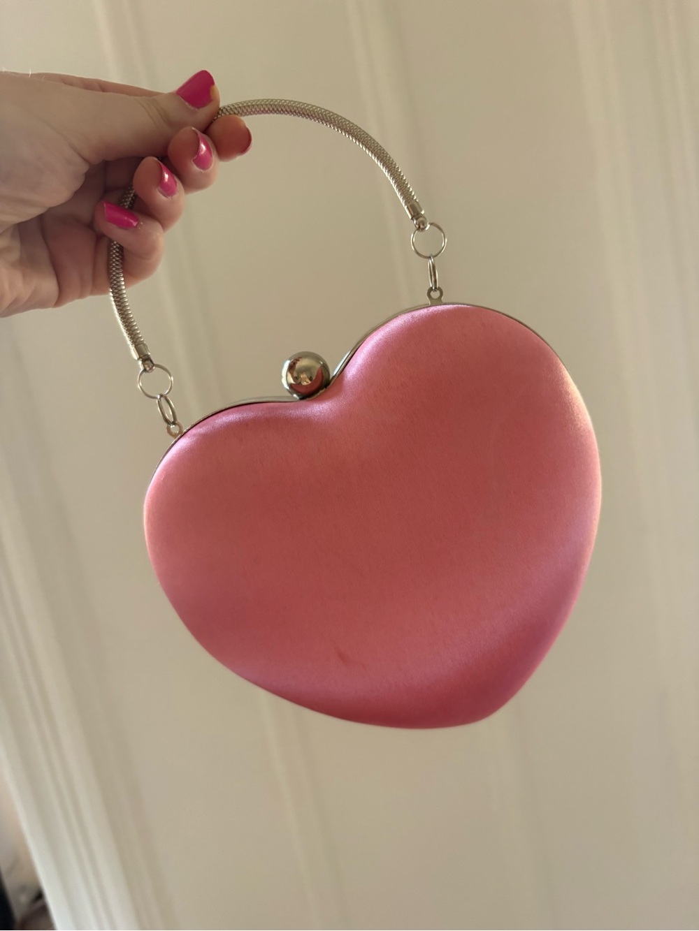 Heart-Shaped Pink Satin Evening Bag with Silver Handle